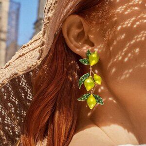 NWT Baublebar Lemon Zest Enamel Crystal Dangle Pierced Statement Earrings 2.5"